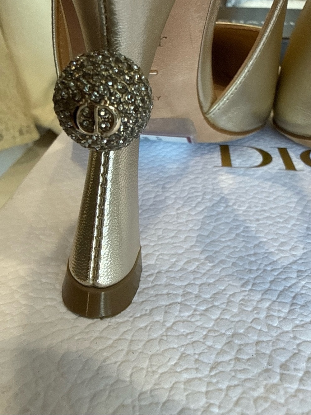 Dior Metallic Gold Pointed Slingback Heels with Crystal Heel Accent - Picture 5 of 12